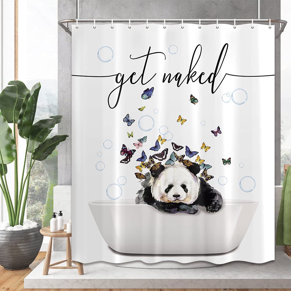 MERCHR Funny Get Naked Panda Shower Curtain, Cute Watercolor Animal Panda in Bathtub Butterfly Decor White Shower Curtains for Bathroom with Hooks 72x72 inch Fabric Machine Washable