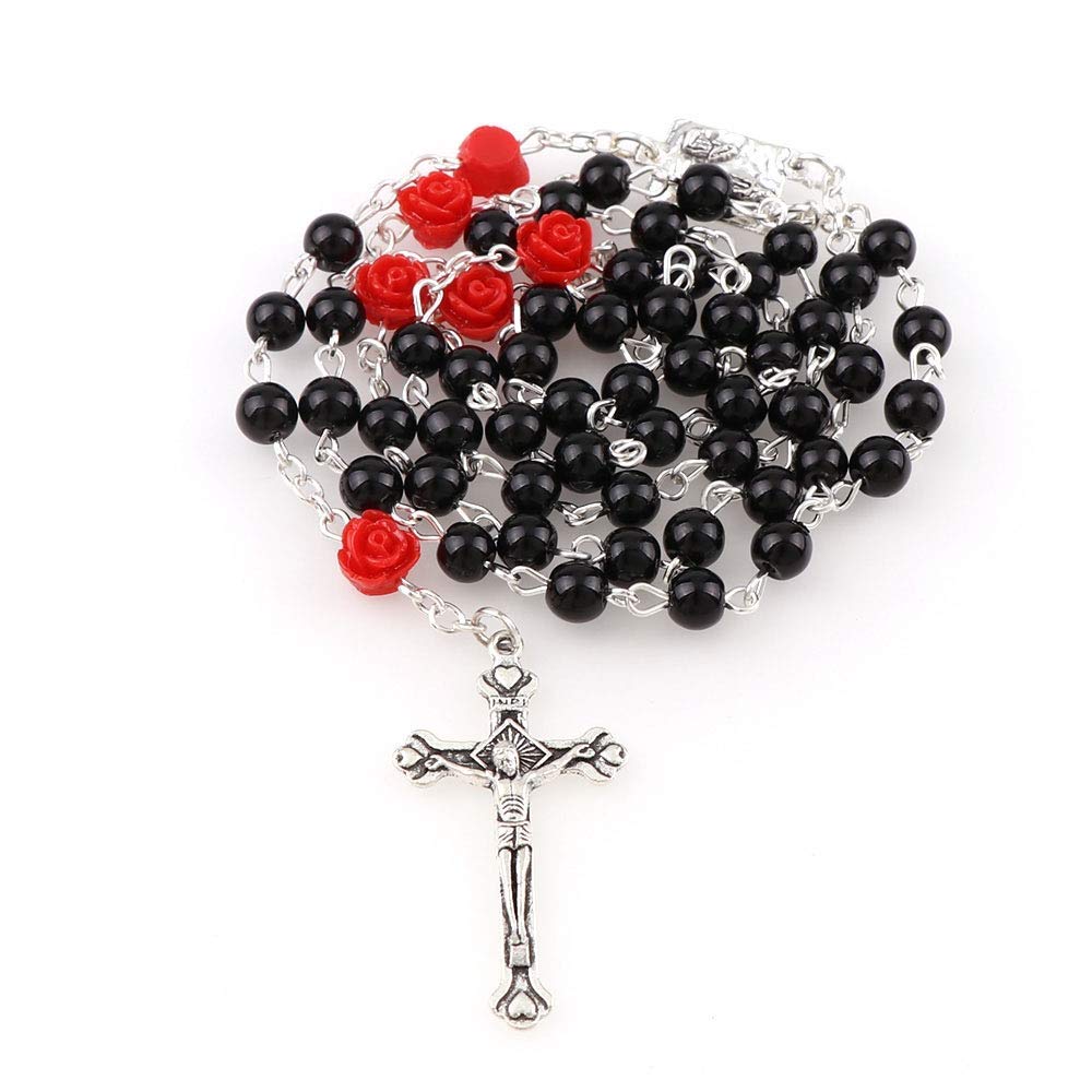 YWLIRosary Beads Catholic, Confirmation Gifts for Teenage Girl, Rosary Necklace, Artificial Pearls and Polymer Clay Rose Necklace Jewelry, Silver Alloy Cross Necklace for Women