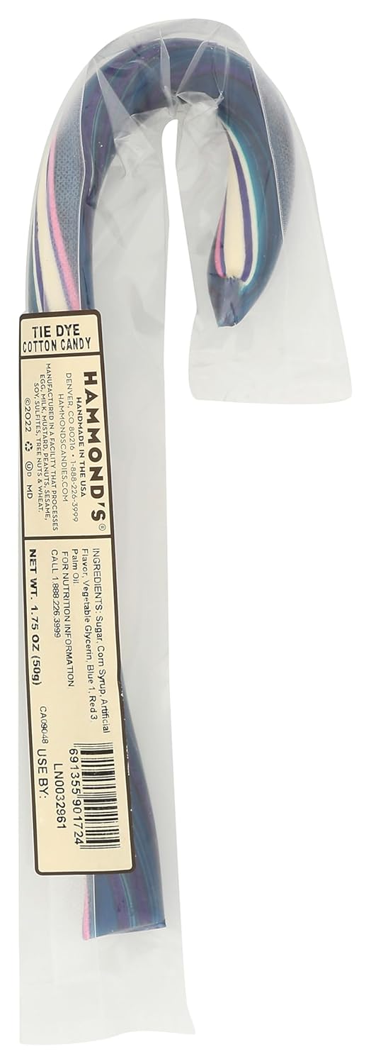Hammond’s Candies – Hand Spun Tie Dye Cotton Candy Flavored Canes - 6 Pack, Handcrafted by Artisan Confectioners- Classically Delicious, Proudly Made in Denver Colorado- USA