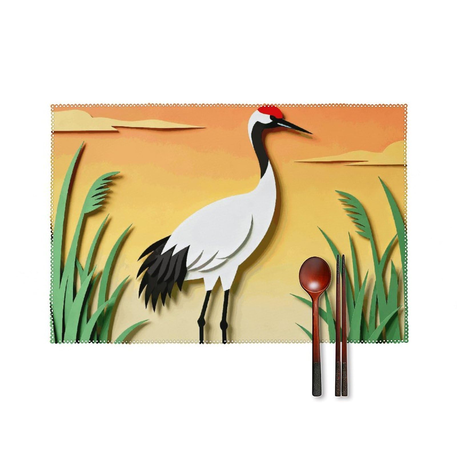 Elegant Grace of Crane Silhouette Placemats Set of 6, 12x18 Inch Heat Resistant Washable Canvas Table Mats, Stain Resistant Decorative Dining Placemats for Kitchen, Restaurant, Outdoor Party