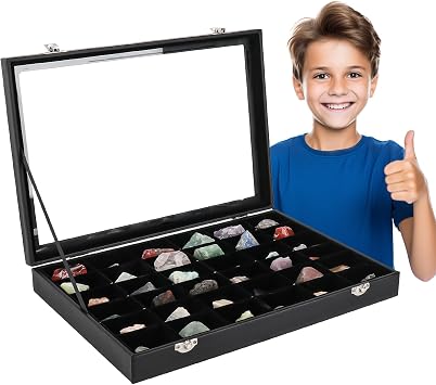 Rock Collections Box for Kids - Rock Display Case for Collectibles - Rock Collection Storage - Display Shelf for Collectibles - Rock Collection Display Case - 36 Grid PU Leather Rock Box