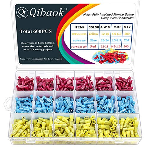 Qibaok 600 PCS Fully Insulated Female Spade Wire Crimp Quick Disconnects Nylon Wire Terminals Connector Set