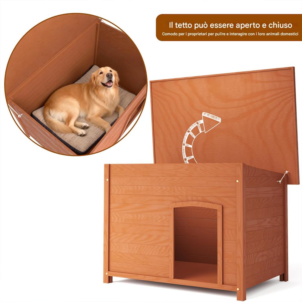 BAKAJI Cuccia per Animali Domestici in Legno, Casetta per Cani e Gatti con Tetto Apribile, Casa da Esterno ed Interno Resistente Intemperie e Agenti Atmosferici con Tettoia Asfaltata, 116 x 79 x 81 cm