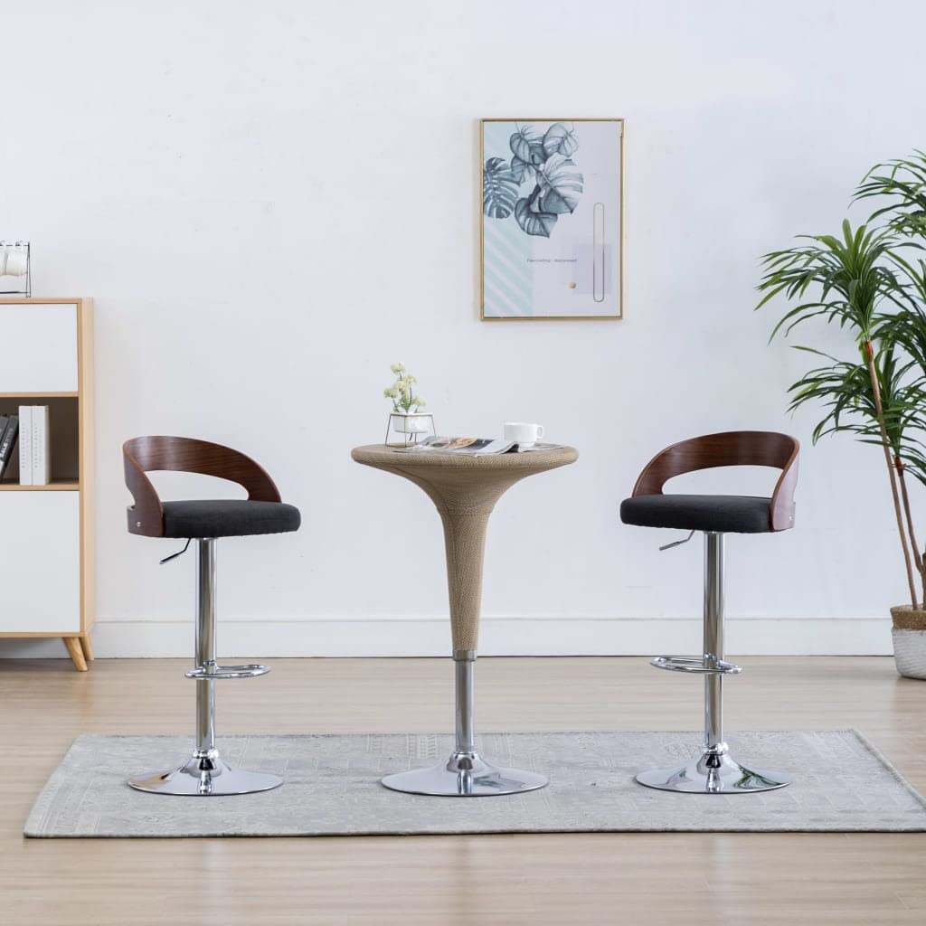 Zestaw 2 stołków barowych, ciemnoszare, krzesła z tkaniny i zakrzywionego drewna, regulowana wysokość z podnóżkiem, wytrzymała metalowa rama, nowoczesny design do kuchni lub pokoju