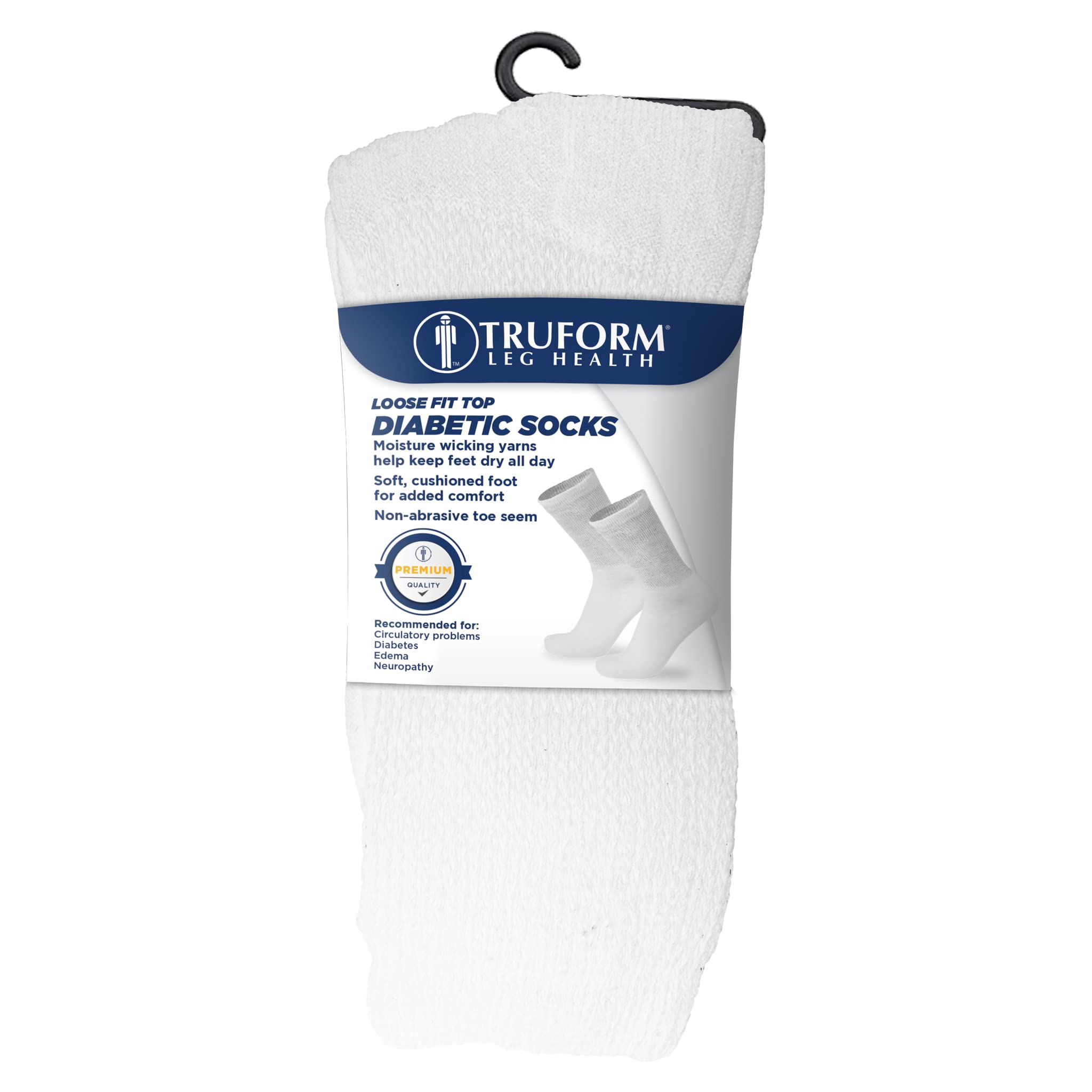 Truform Premiere Diabetic Socks for Men and Women, Medical Style Crew Length, Mid Calf Height, White, Large