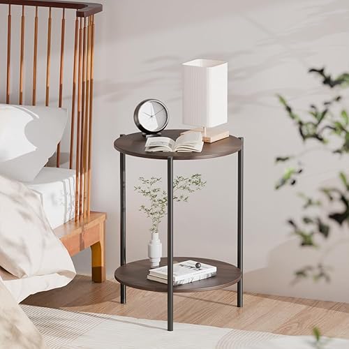 Miniatura 4 de Mesa auxiliar, mesa auxiliar redonda con estante de almacenamiento de 2 capas, mesa circular de espacios pequeños de 15.7 pulgadas, mesas auxiliares