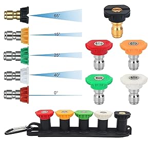 Pressure Washer Spray Nozzle Tip Set with 5 Multiple Degrees Nozzle,1/4" Quick Connect, 2.5 GPM, Rated Up to 4500 PSI (0, 15, 25, 40, 65 Degrees)