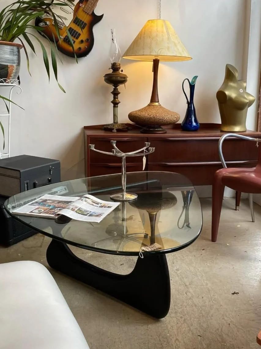 Mid Century Coffee Table Triangle Glass Coffee Table with Solid Wood Base and Thick Clear Glass Top Modern End Table for Living Room, Patio, Office, Dark Walnut