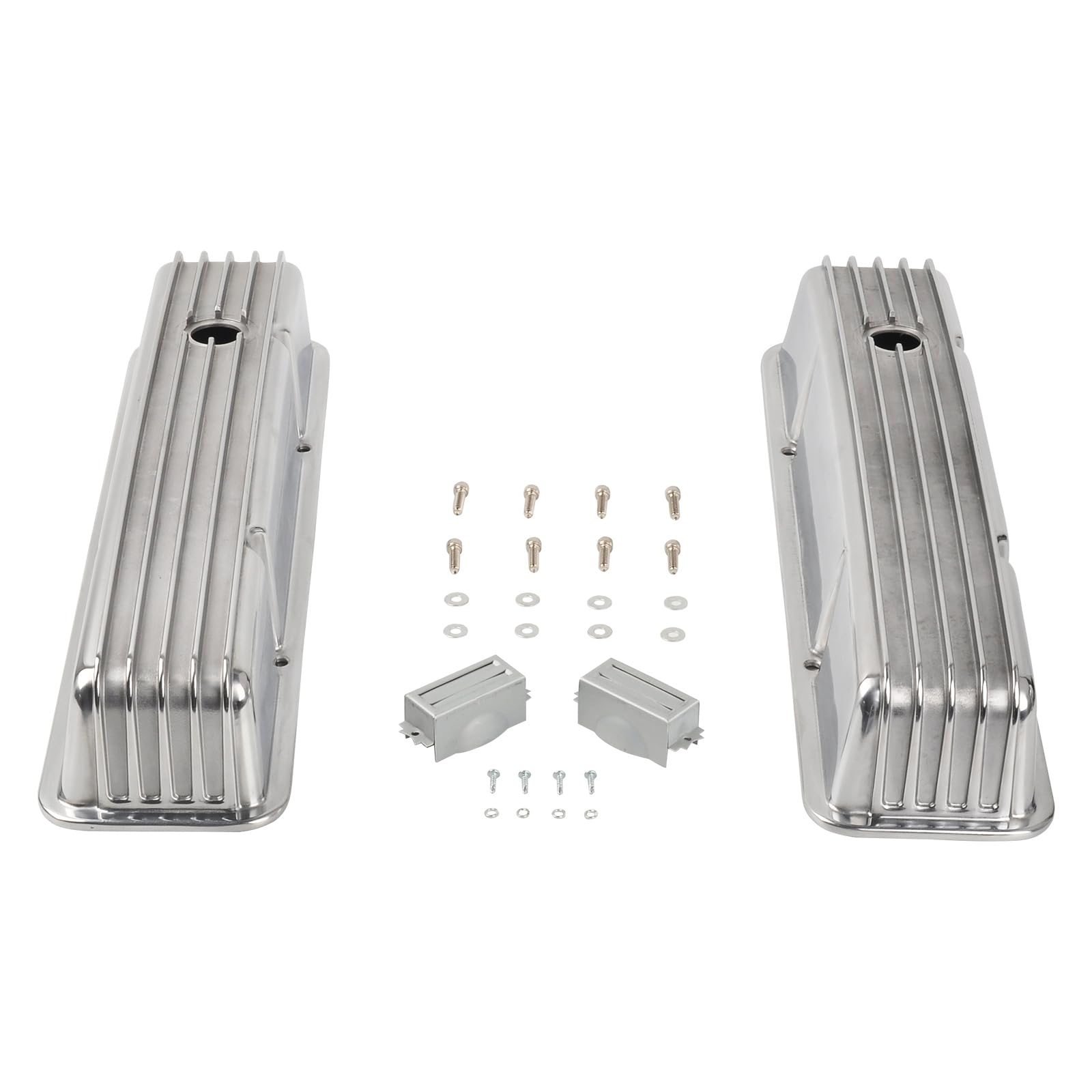 Aluminum Valve Covers Finned Compatible with Small Block Chevy 58-86 Tall 327 350 400 - Polished Silver