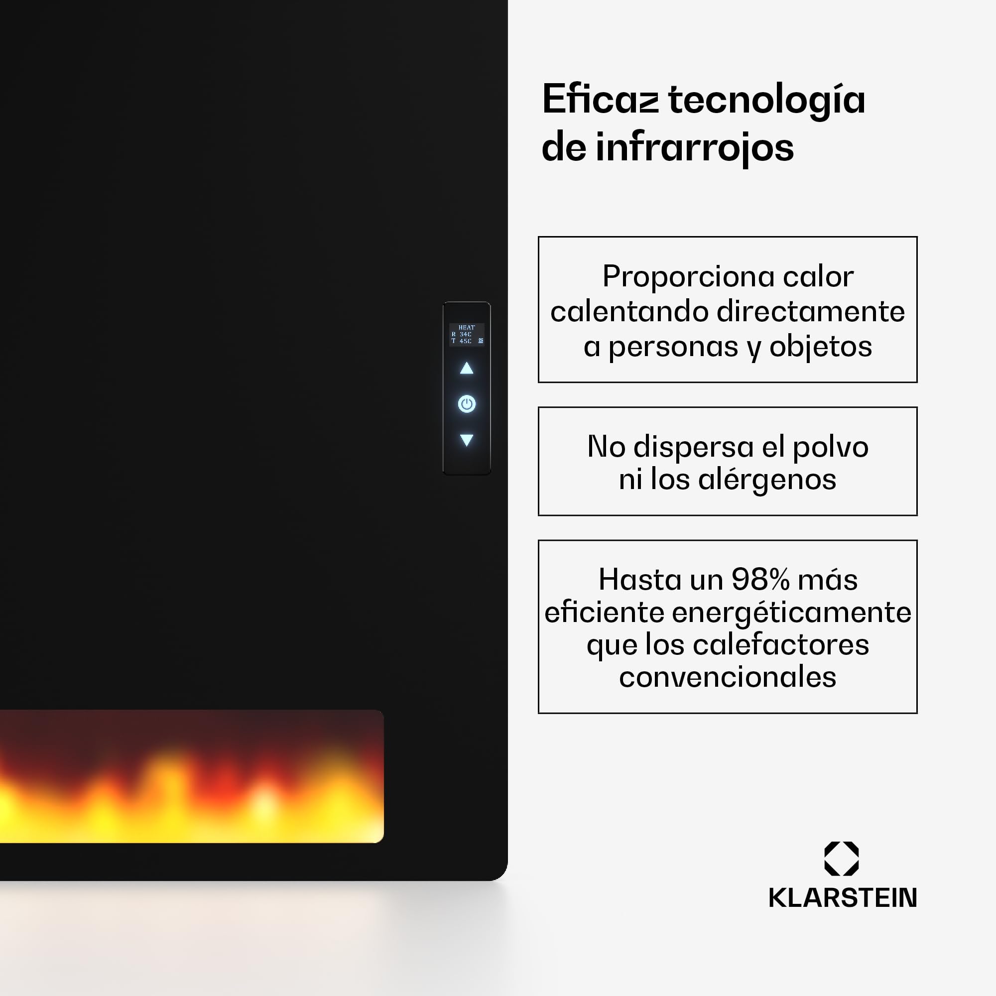 KLARSTEIN Calefactor Infrarrojo, 1110W - Montaje en Pared, IPX4, Efecto Llama, Vidrio Templado, Tecnología de Grafeno, Pantalla LED Táctil, Calefacción Eficiente para Baño & Hogar