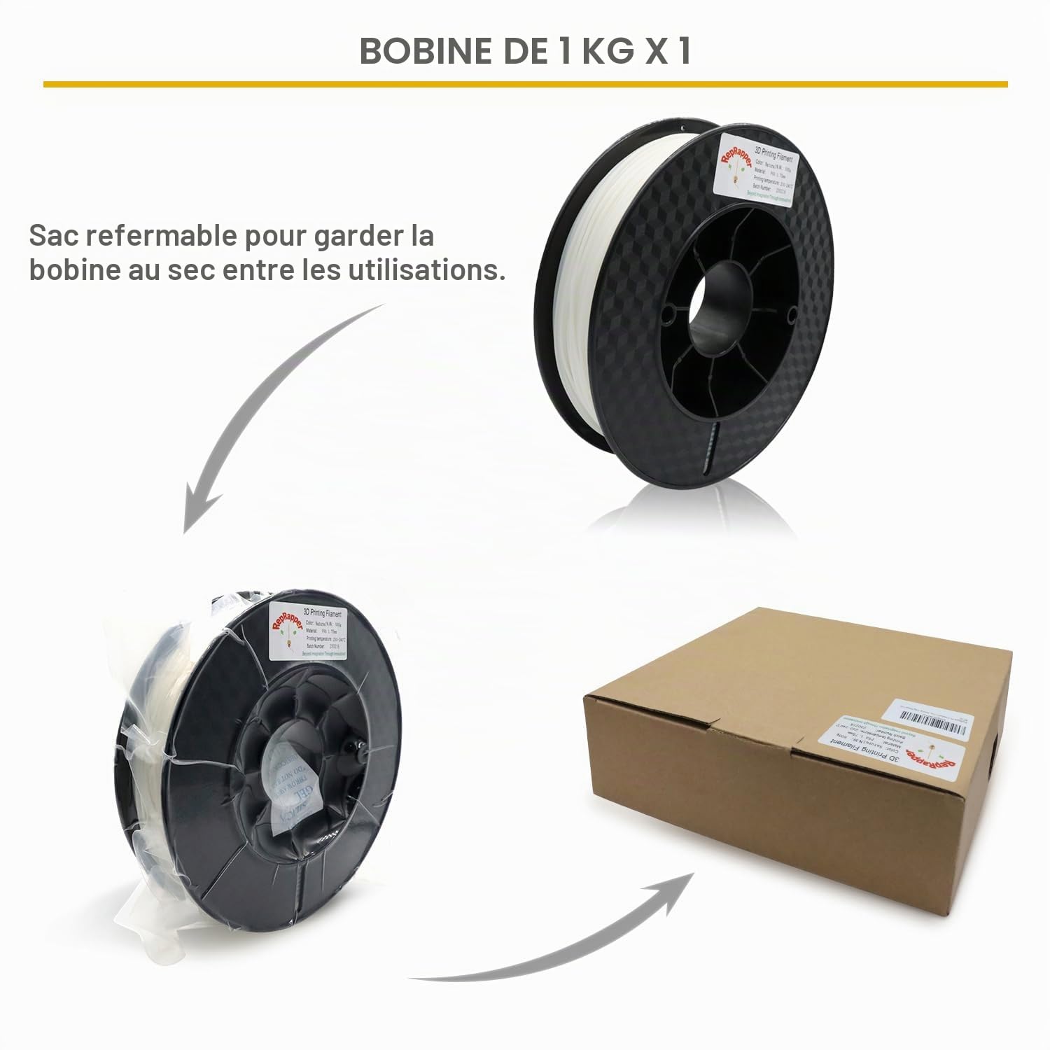 RepRapper Filament PVA 1,75 mm soluble dans l'eau pour imprimante 3D, bobine de 500 g (1,1 lb) couramment utilisée comme matériau de support, Naturelle.
