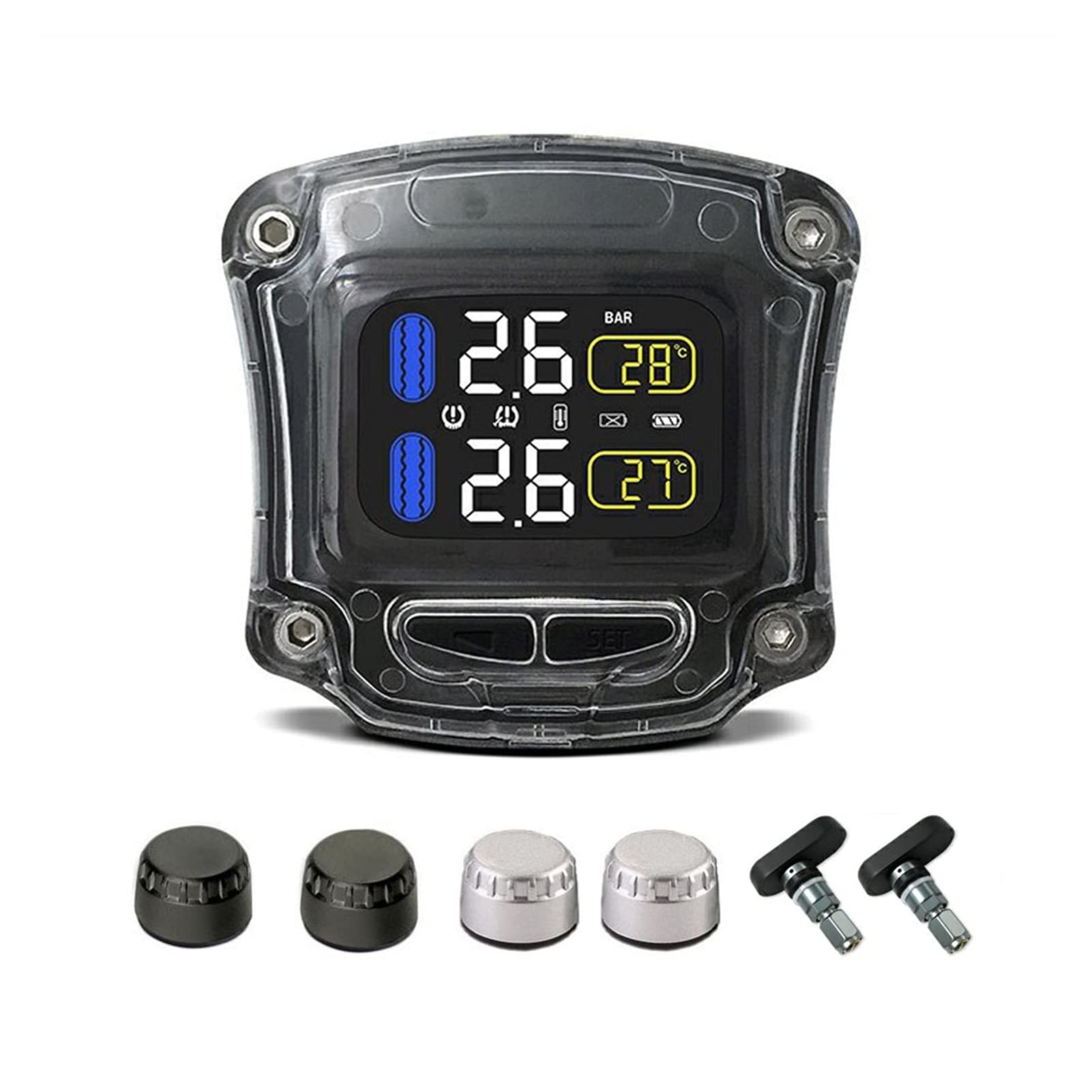Strumenti di controllo della pressione dei pneumatici MOTO TPMS. Motocicletta moto. LCD. Schermo Visualizza il sistema di monitoraggio della pressione del pneumatico Supporto in tempo reale e temperat