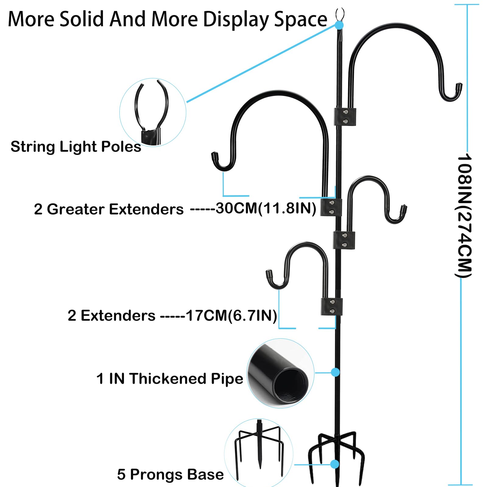 274CM Berger crochet extérieur, 2.5CM tube épaissi Heavy Duty métal nourrir Bird Rod stand .4 crochets et cordes lampadaire, tige de jardin pour suspendre panier de plantes, décoration de mariage