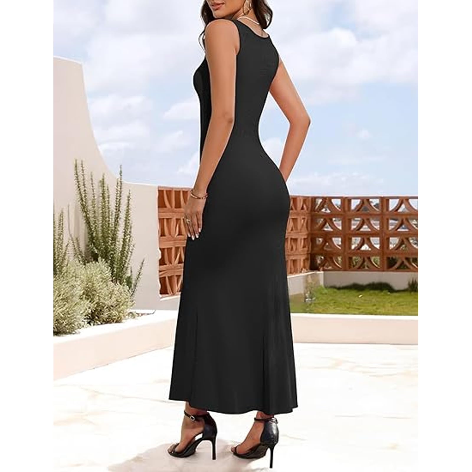 Robe Longue Femme Maxi Robe sans Manches Moulante Sexy Robes à Bretelles Fendue Robes de Soirée à Col Carré Elégant Couleur Unie Bodycon Slim Fit pour Cocktail Party Clubbing Nuit