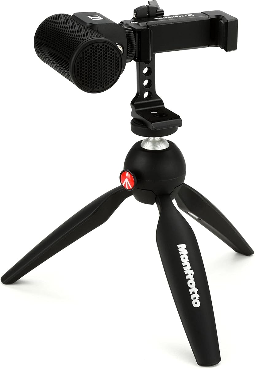 Pro Audio Sennheiser Professional MKE 200 + Mobile Kit, Directional On-Camera Microphone with Smartphone Clamp & Manfrotto PIXI Mini Tripod, 509256, Black
