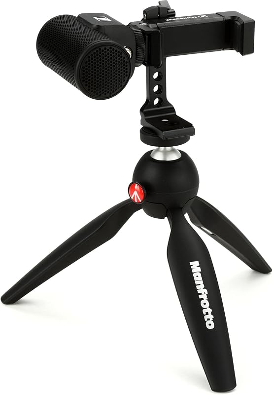 Pro Audio Sennheiser Professional MKE 200 + Mobile Kit, Directional On-Camera Microphone with Smartphone Clamp & Manfrotto PIXI Mini Tripod, 509256, Black
