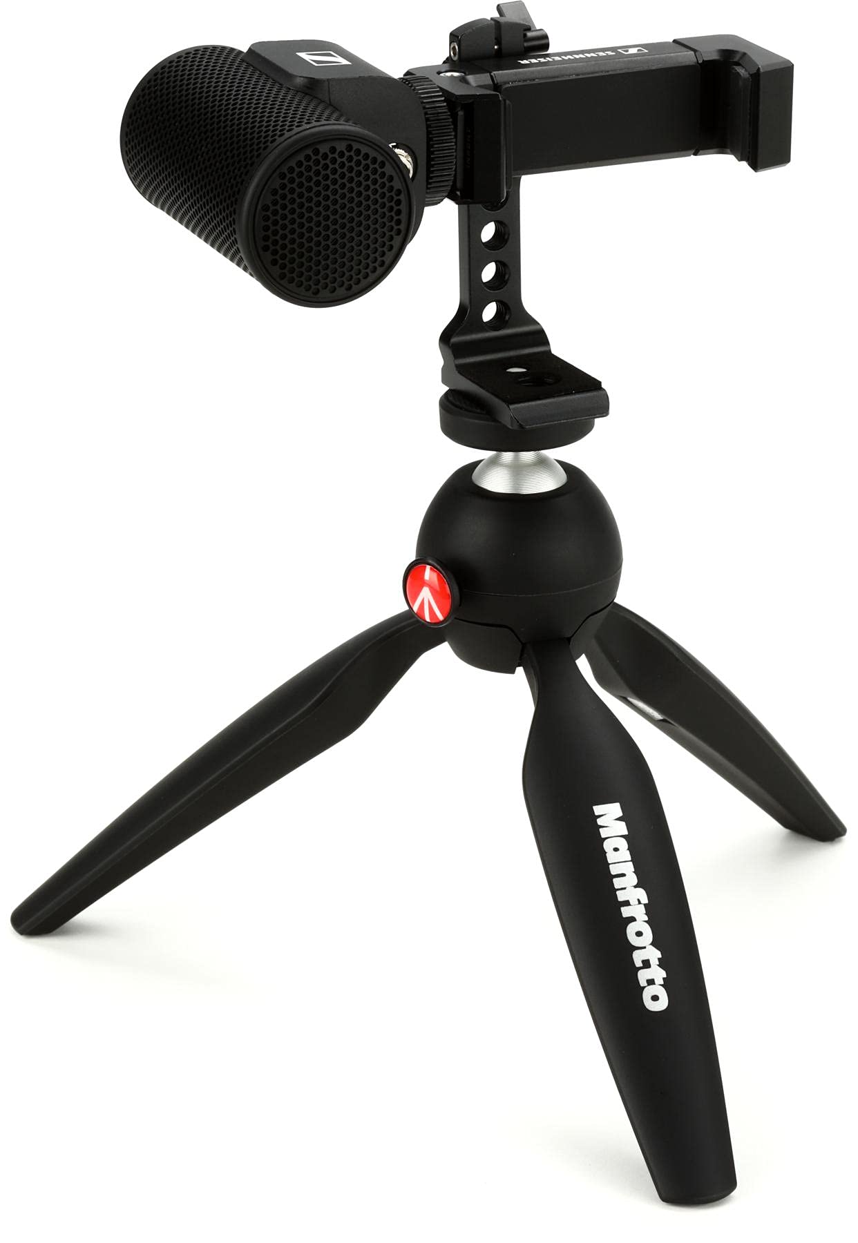 Pro Audio Sennheiser Professional MKE 200 + Mobile Kit, Directional On-Camera Microphone with Smartphone Clamp & Manfrotto PIXI Mini Tripod, 509256, Black
