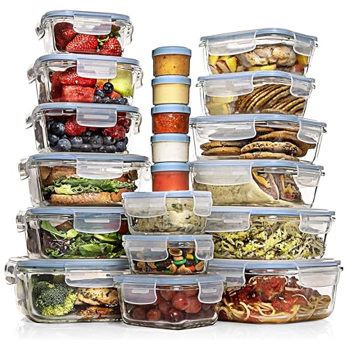 Image of Razab 35 Pc Set Glass Food Storage Containers with Lids - Meal Prep Airtight Bento Boxes BPA-Free 100% Leak Proof (15 lids,15 glass & 5 Plastic Sauce /Dip Containers)