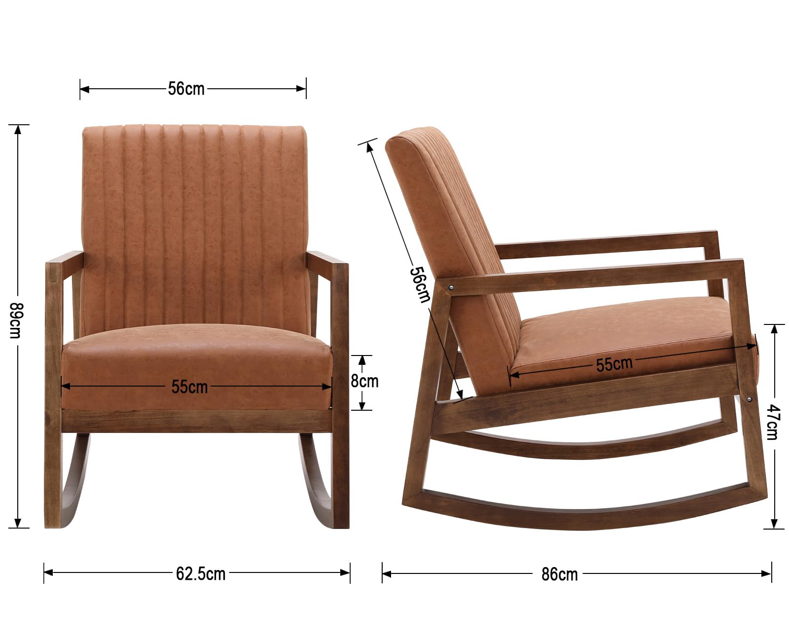 Ya-Home Schaukelstuhl Holz Stillstuhl aus PU Leder Mid-Century Sessel Schaukelsessel mit Holzrahmen gepolsterter Schwingsessel mit Armlehnen für Wohnzimmer/Schlafzimmer/Balkon, Braun