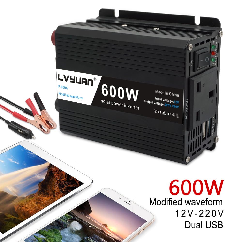 Inversor de corriente de 600 W CC 12 V a CA 230 V 240 V 3 en 1 cargador de coche encendedor de cigarrillos + enchufe de CA + dos puertos de carga USB convertidor de voltaje