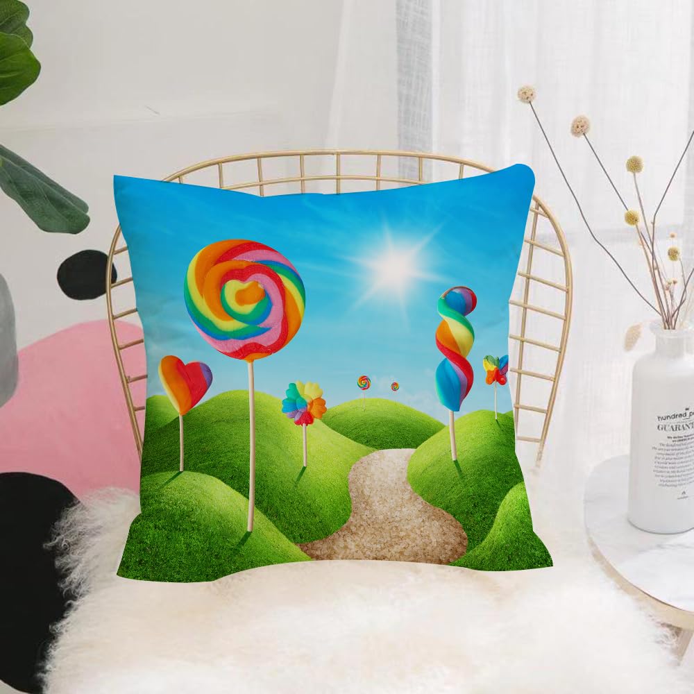 HYOSXW Cushion Cover,Throw Pillow Case Home Decorative for Living Room Bedroom Sofa Chair 16X16 Inch,Fantasy sweet candy land with lollies,Pillowcase 40X40cm