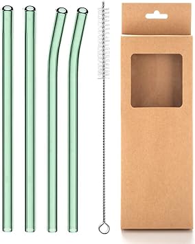 Reusable Glass Straws - 8mm Straight & Bent, 4 Pcs with Cleaning Brush, BPA Free Eco Friendly Straws for Beverages, Shakes, Milk Tea, Juices, Cocktail Green