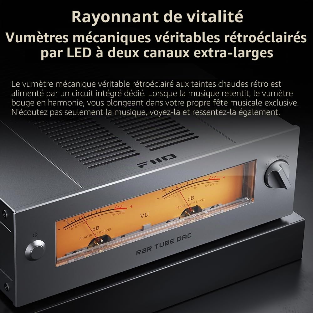 FiiO Warmer R2R Amplificateur de Bureau à Tubes & DAC/Amp R2R – Échelle de Résistances R2R Différentielle Complète 24 Bits, Doubles Compteurs VU, Alimentation Linéaire de 46W, Entrées USB/Optique