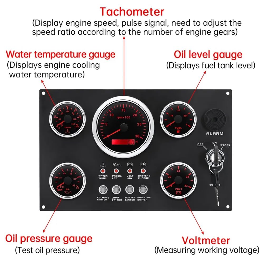 Ensemble de Jauges à LED avec Panneau de Commutation D'Instruments, Température de l'eau, Pression de Carburant, D', Voltmètre, Tachymètre pour Bateau, Voiture