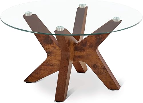 ivinta Mesa de centro redonda de cristal para sala de estar, mesa de té moderna de mediados de siglo, mesa de centro de granja con marco de madera