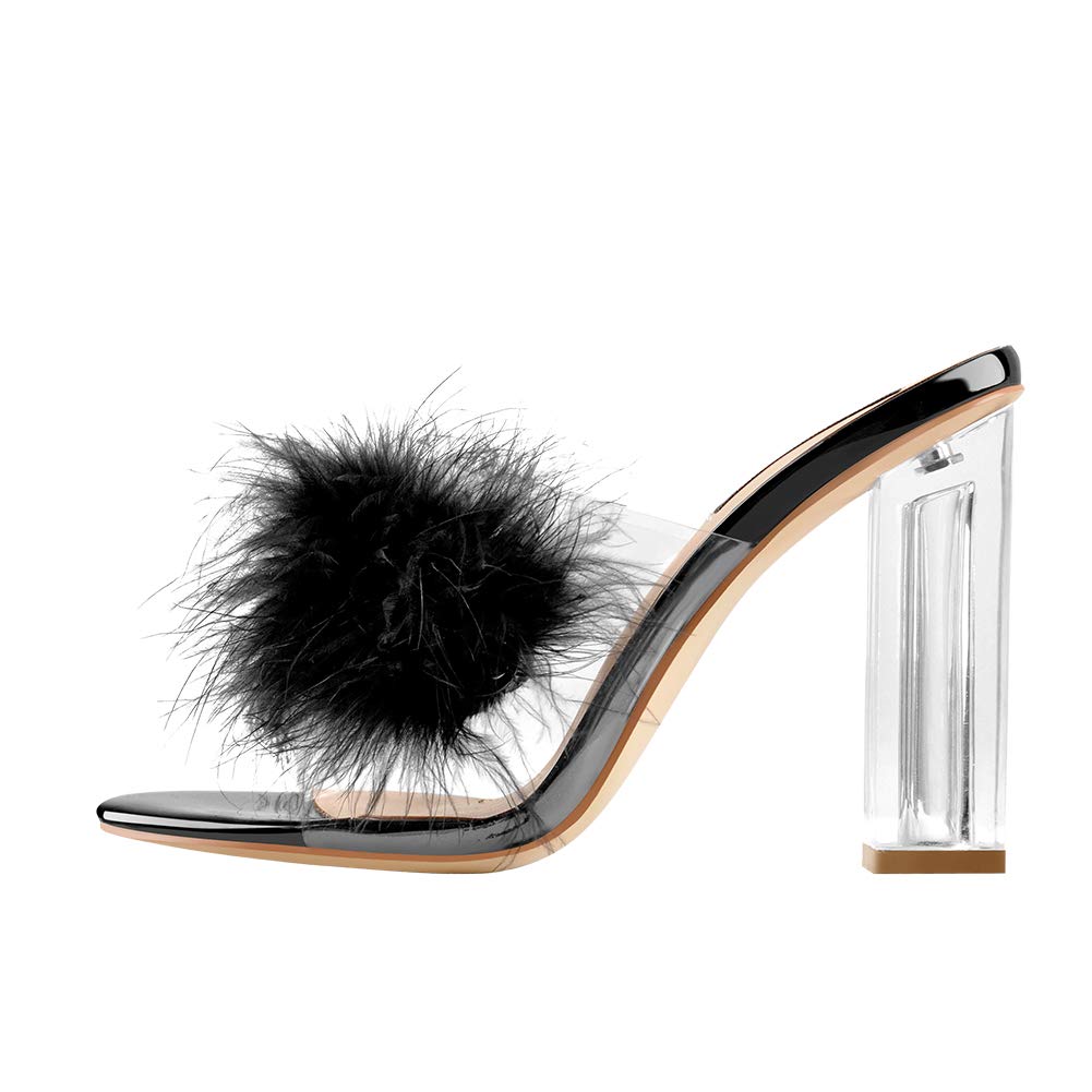 Yolkomo Women's Clear Chunky Block Heels Mules Slides Slippers Feather Sandals for Ladies Open Toe Slip On High Heels Comfy Daily Black Size 11