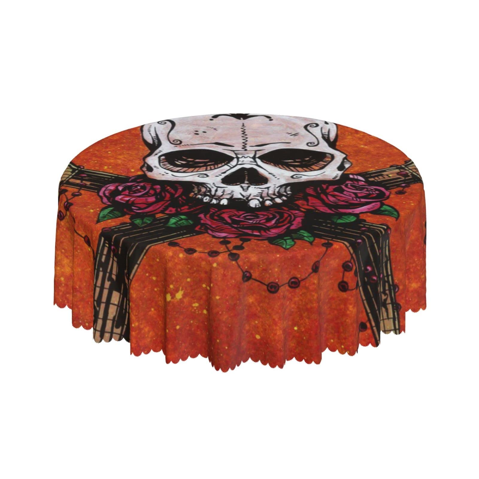 Lsjuee Skull Death Music Rose Red Round Tablecloth 60 Inch Printed Washable Tablecloth for Dining Party Holiday Fall Home Decorative