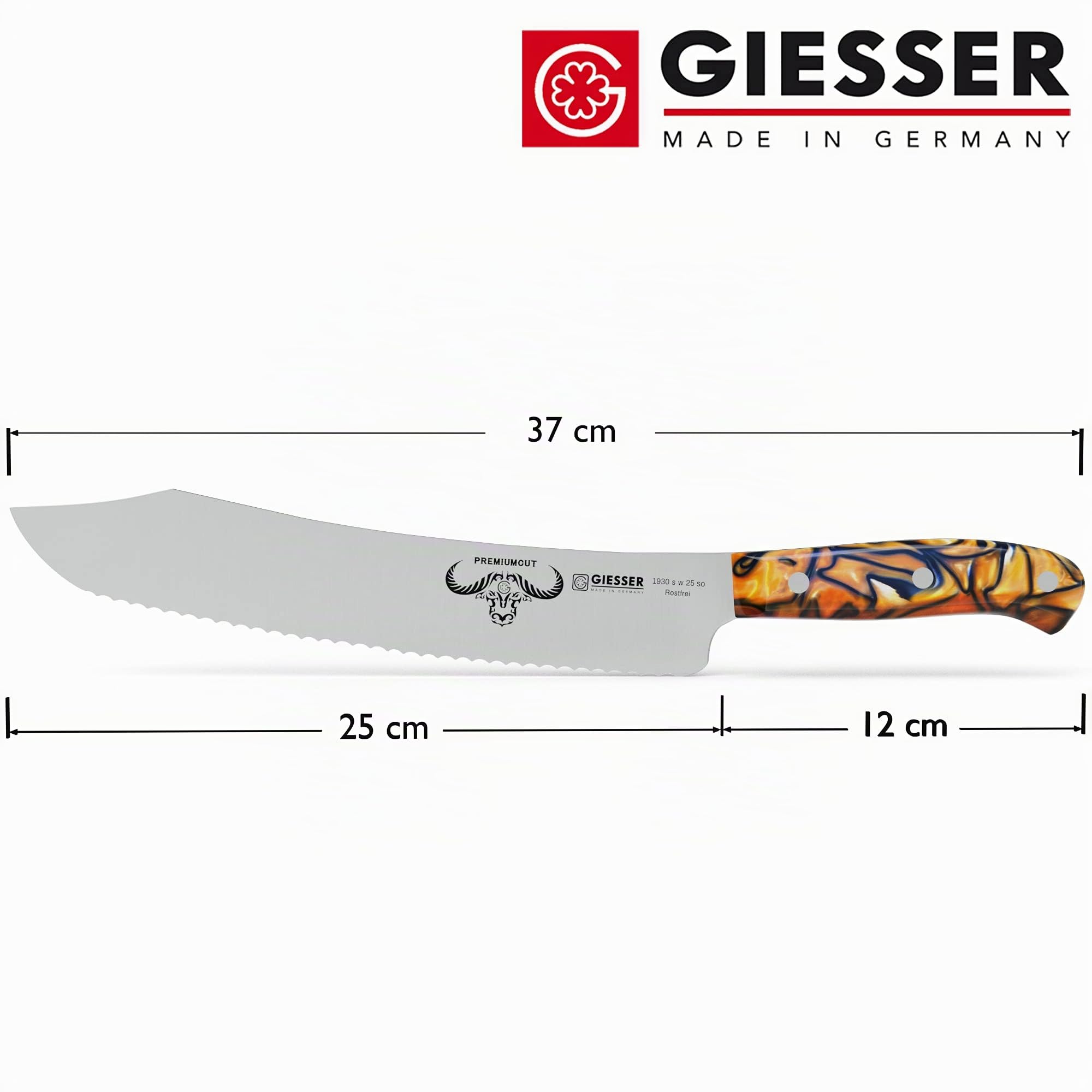 Giesser seit 1776 - Made in Germany - Brotmesser 25 cm Spicy Orange, PremiumCut Wave No 1, Wellenschliff, Acryl, exotisch, rostfrei, deutsches Grillmesser scharf