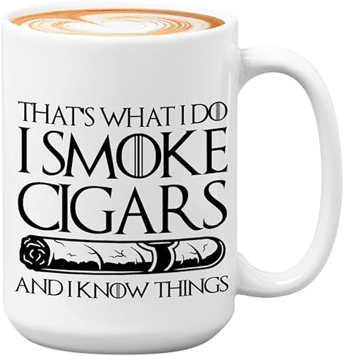 Miniatura 1 de Taza de café de cigarrillos de 15 onzas, That's What I Do I Smoke Cigar And I Know Things para amantes de los cigarros, regalo de cumpleaños para