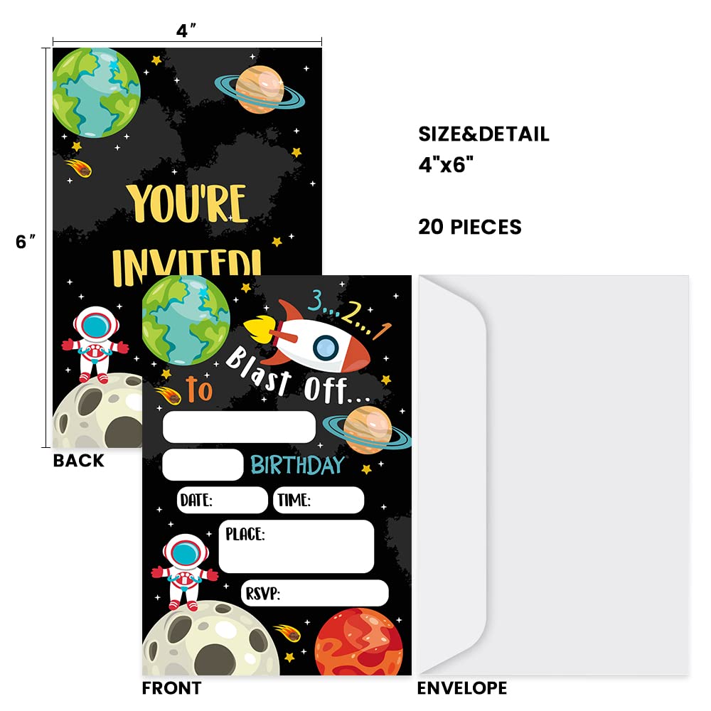 Tuyashua Space Birthday Party Invitations, Planets Rocket Ship Astronaut Invitations, Space Party Supplies for Boys Girls, Birthday Party Decorations, 20 Cards with Envelopes - I18