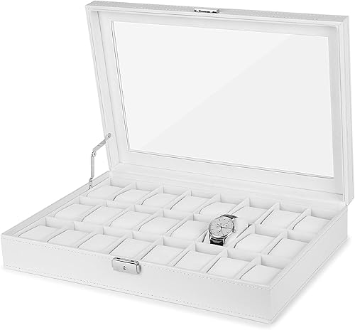 JS NOVA JUNS Caja de reloj, caja de cuero de 24 ranuras con tapa de cristal, organizador de caja de reloj para hombre, color blanco
