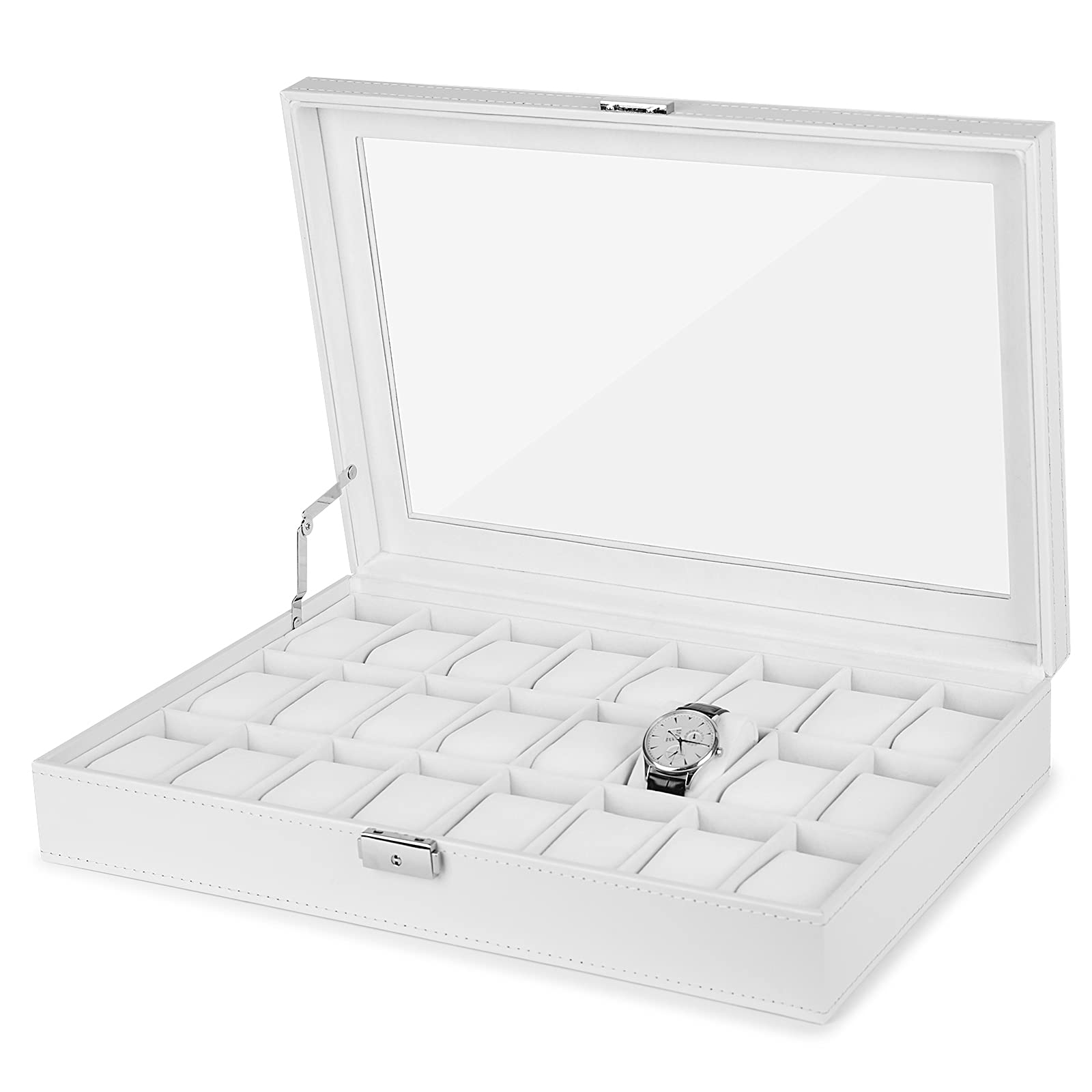 JS NOVA JUNS Watch Box, 24-Slot Leather Watch case with Large Acrylic Lid, watch box organizer for men, White