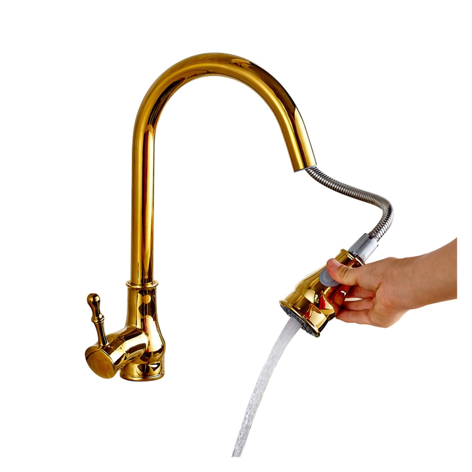 Modern Pull Down Spout Kitchen Faucet Deck Mounted Black Stream Sprayer Mixer Taps Single Handle Out,Precise Control(Golden)