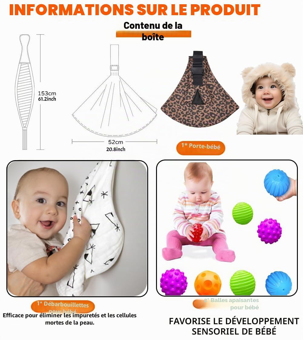 Écharpe de Portage Bébé Réglable Confortable Nouveau-Né 3-36 Mois Léopard
