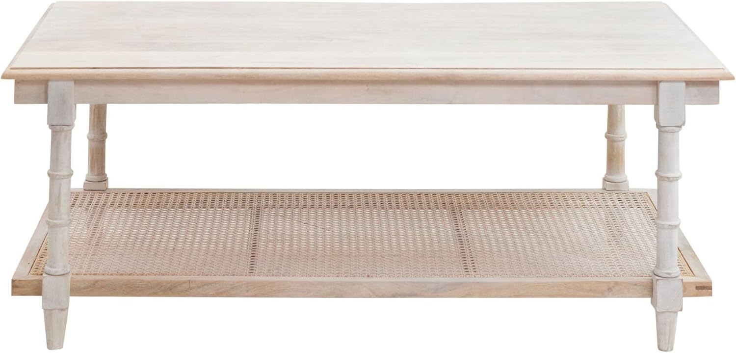 Carolina Chair & Table Chesterfield Mango Wood Coffee Table – Rectangular Natural Rattan Shelf Storage, Cane Accent Design - Handcrafted Living Room Furniture(Whitewash)