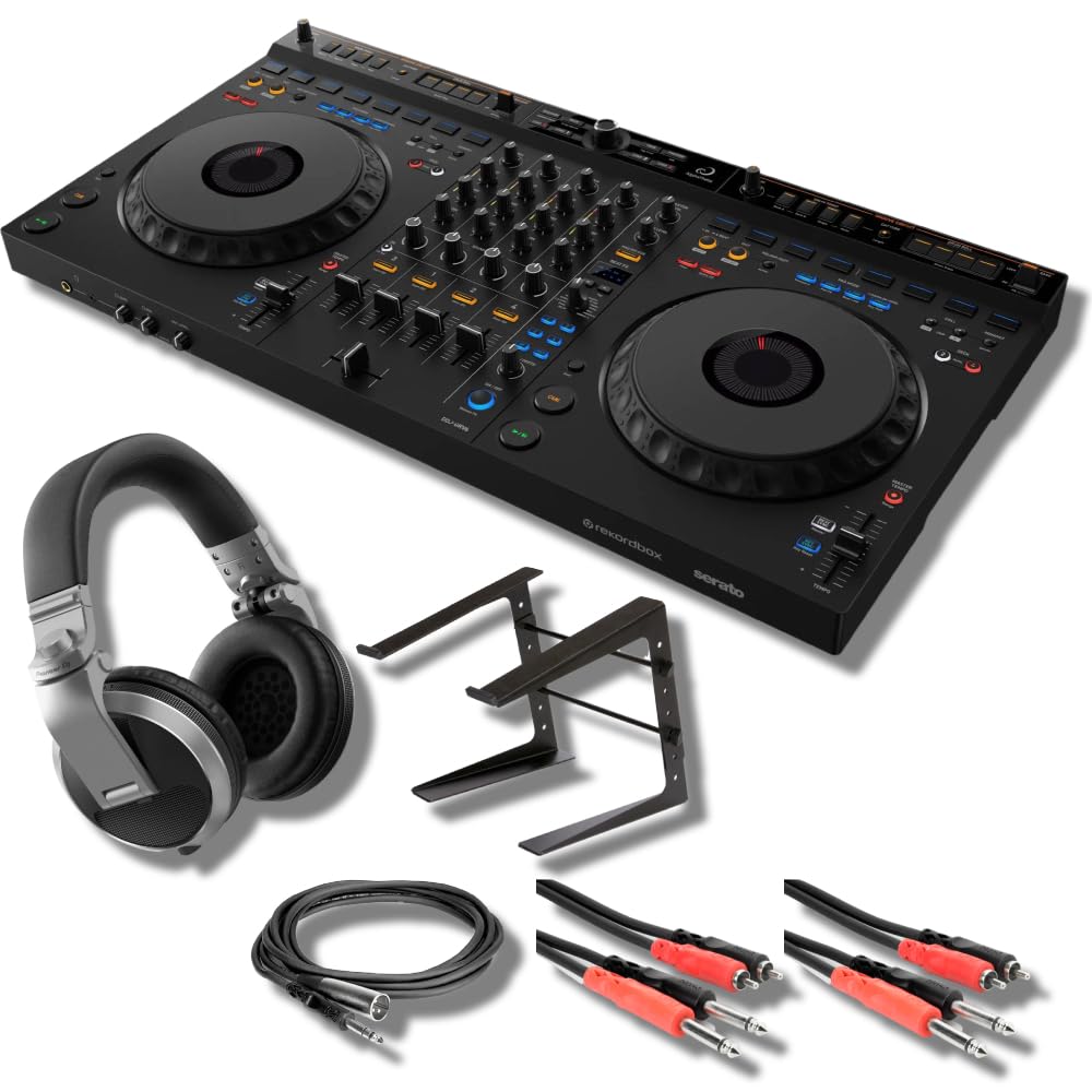 DDJ-GRV6 4-kanałowy kontroler DJ z profesjonalnymi słuchawkami DJ-skimi Pioneer HDJ-X5-S, stojakami na scenę LPT5000 i niezbędnymi kablami do podłączenia do kontrolerów DJ