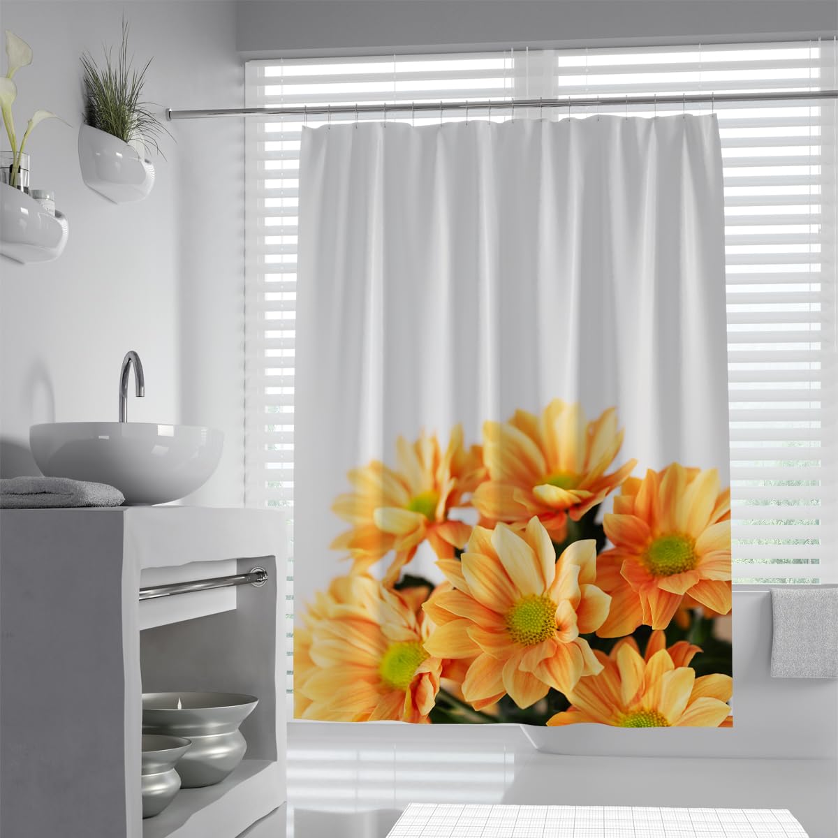 UIRINGART Orange Chrysanthemum Daisy Shower Curtain W120xL180cm Fresh Gerbera Floral Bouquet Waterproof Fast Drying Bathtub Screen with Hooks