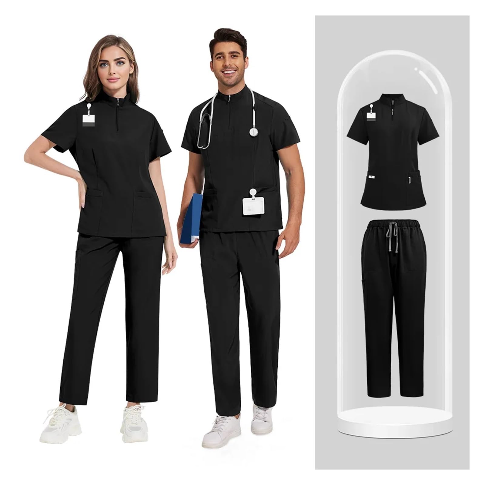 Casacca Sanitaria Donna Uniformi mediche Set di Scrub ospedalieri Accessori for Infermieri Camici Chirurgici Unisex Top Pantaloni Clinica odontoiatrica Spa | Black,M