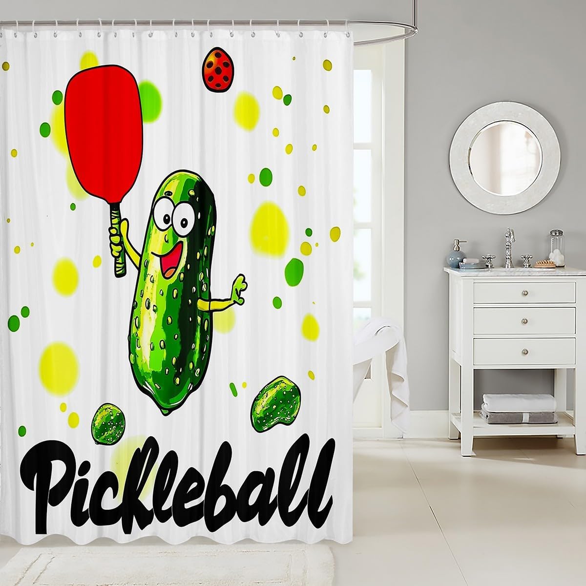 Erosebridal Pickle and Pickleball Shower Curtain Set,Funny Pickles Bathroom Decor Pickle Lover Gifts for Kids Women Men,Sports Bathroom Set Pickleball Paddle Fabric Shower Curtain 72" Wx84 L image 2