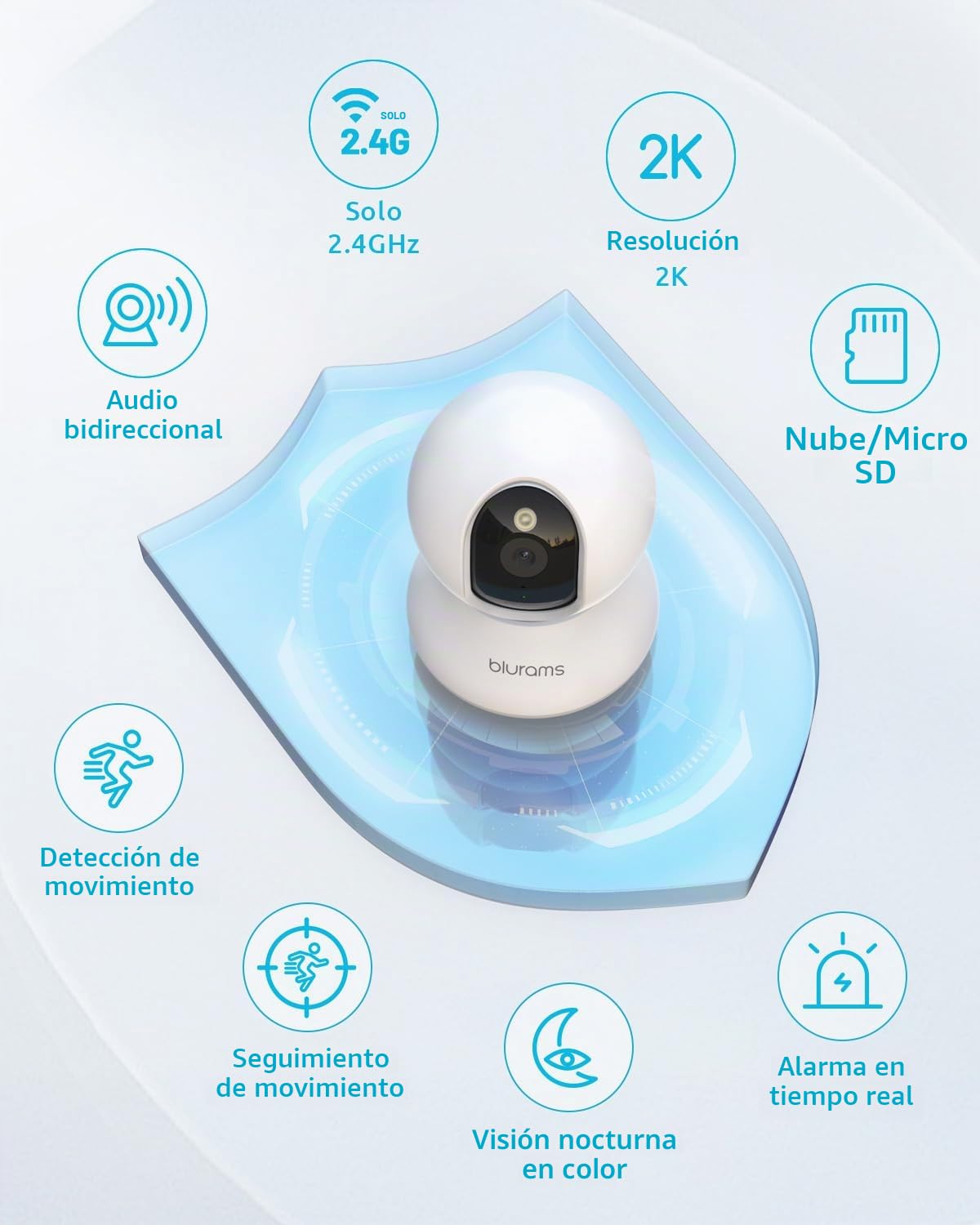 blurams Cámara de Vigilancia WiFi Interior 2K para Domicilio, 360°, Detección AI de Personas y Mascotas, Visión Nocturna a Color, Alerta en Tiempo Real, Audio Bidireccional, con Alexa, Solo 2.4G WiFi