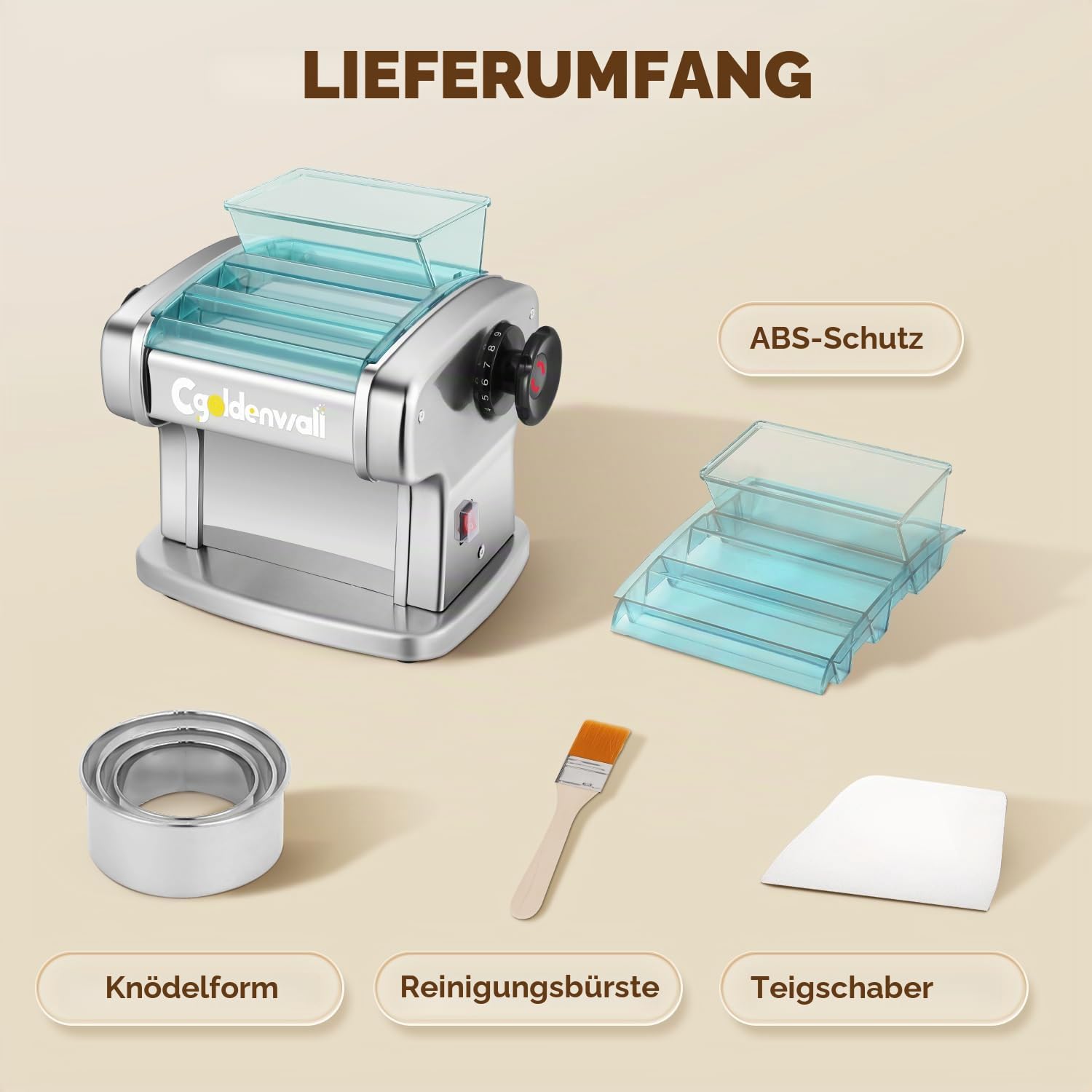 CGOLDENWALL Elektrische Nudelmaschine 135W Edelstahl Pasta Maker 2 Klingen 9 Einstellbare Stärken 0,5-5 mm