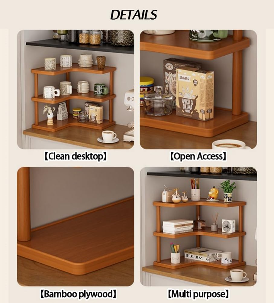3-tier Kitchen countertop corner spice rack, household Cupboard Cabinet coffee mug Cup storage shelf condiment seasoning organizer, desktop wood bookshelf bookcase (3-tier)