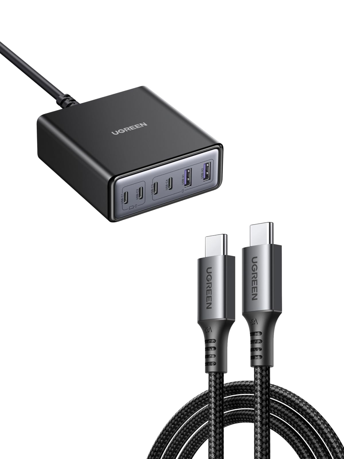 UGREEN Zapix 100W 6 Ports Chargeur USB C Rapide Station de Charge GaN Tech avec UGREEN Zapix Câble USB C 100W PD 20V 5A Charge Rapide Nylon Tressé (1M)