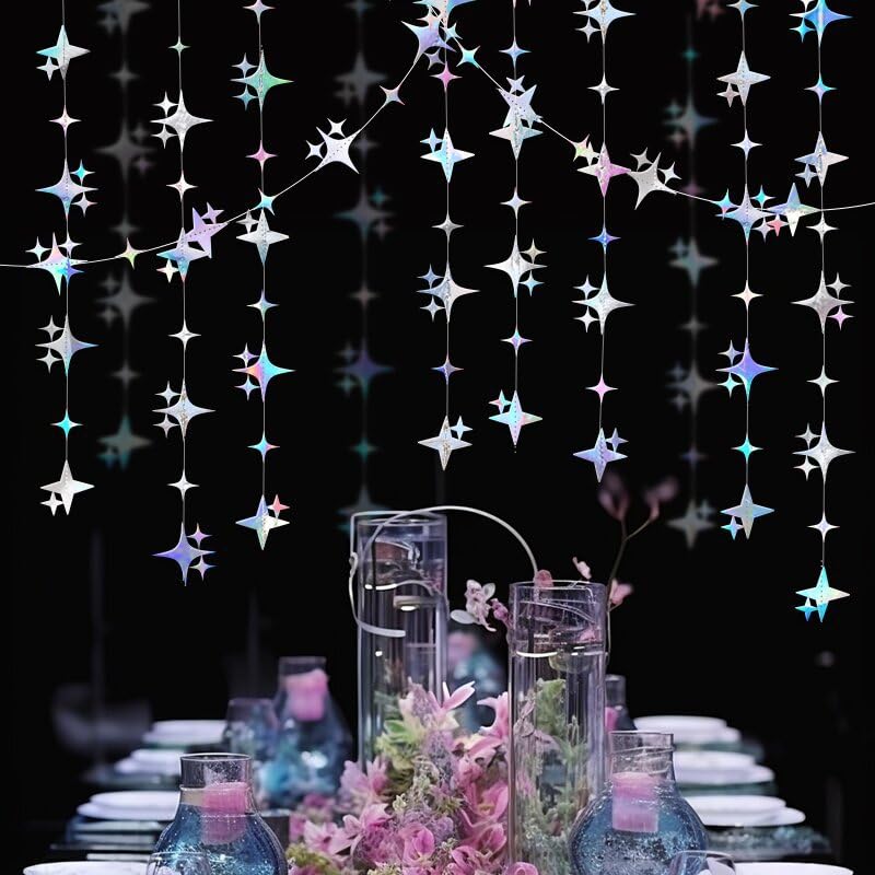 Image of Glitter Iridescent Four-Angle Star Paper Garland Banner Decor 40 Feet Iridescent Twinkle Star Hanging Bunting Banner Backdrop for Wedding Baby Shower Birthday Graduation Disco Party Decorations