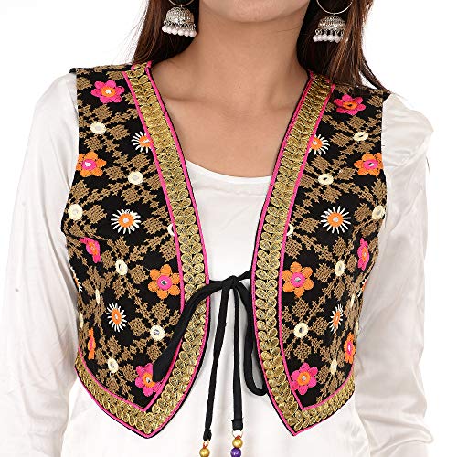 Image of Craft Trade Women's Cotton Embroidered Kutchi Jacket with Tassels Sleeveless Mirror Work
