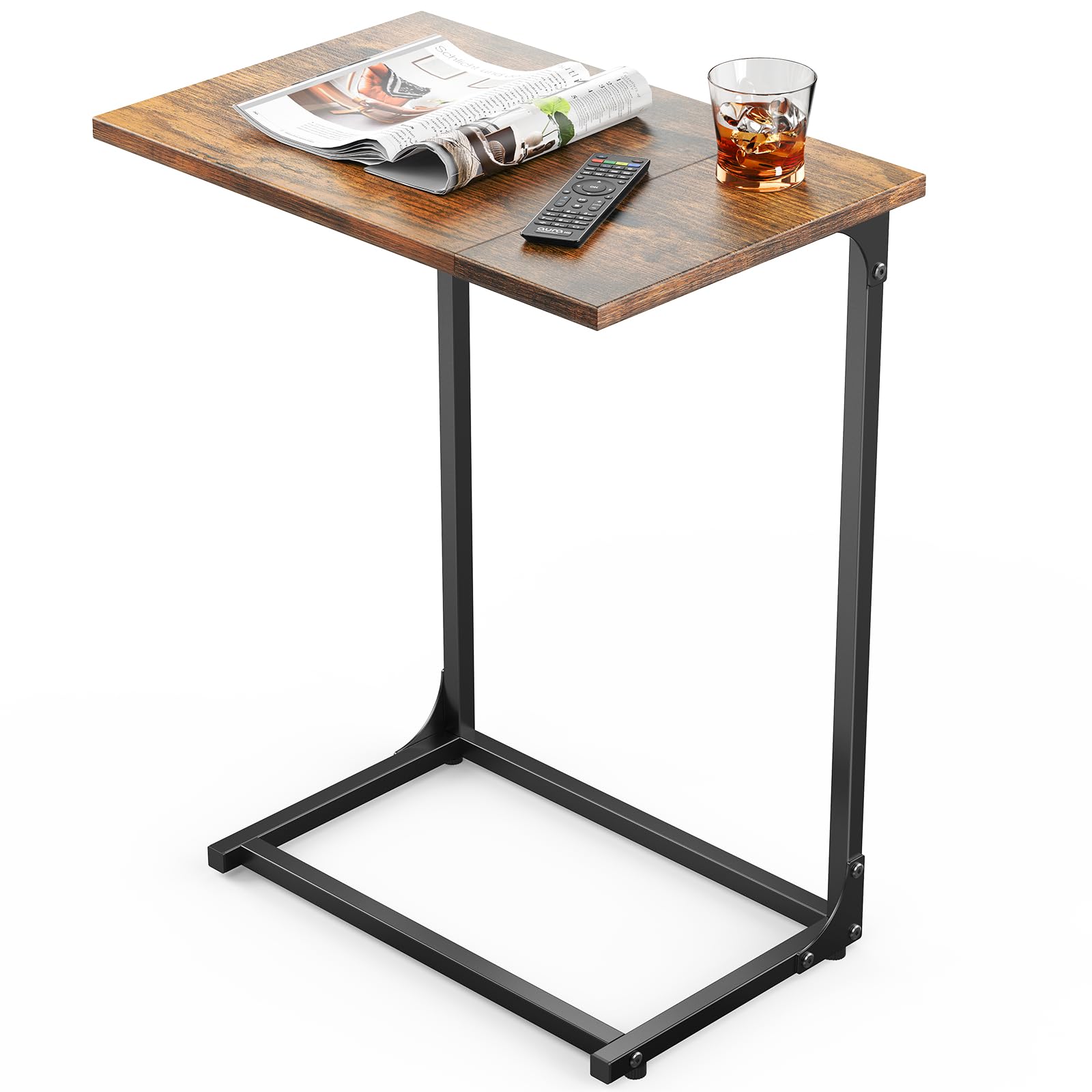 Pipishell C-Shaped Side Table, C Table for Sofa with Two-Piece Desktop & Metal Frame, Large Surface End Table for Living Room, Bedroom, Bedside, Rustic Design